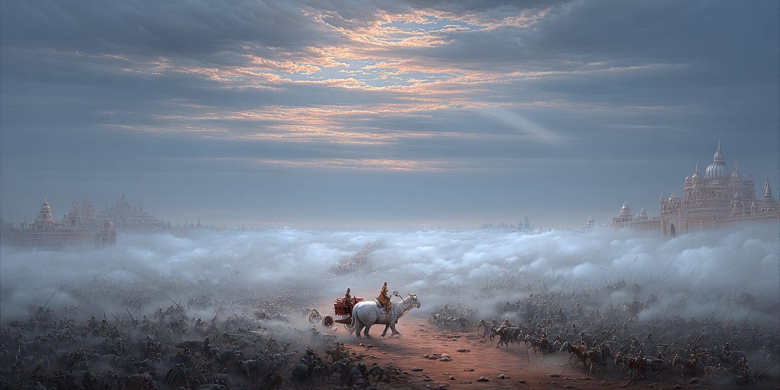 A vast battlefield from the Bhagavad Gita with two armies facing each other in mist, as Arjuna and Krishna stand in a chariot drawn by white horses at the center.