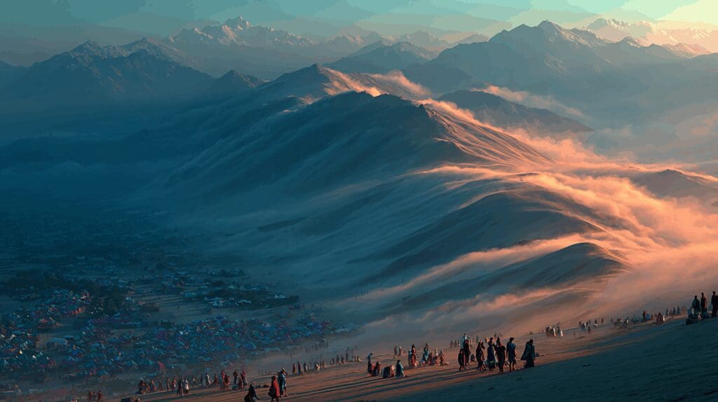 A wide mountain landscape at sunrise with soft clouds flowing through valleys, as groups of people gather along a ridge overlooking a vast, peaceful scene.