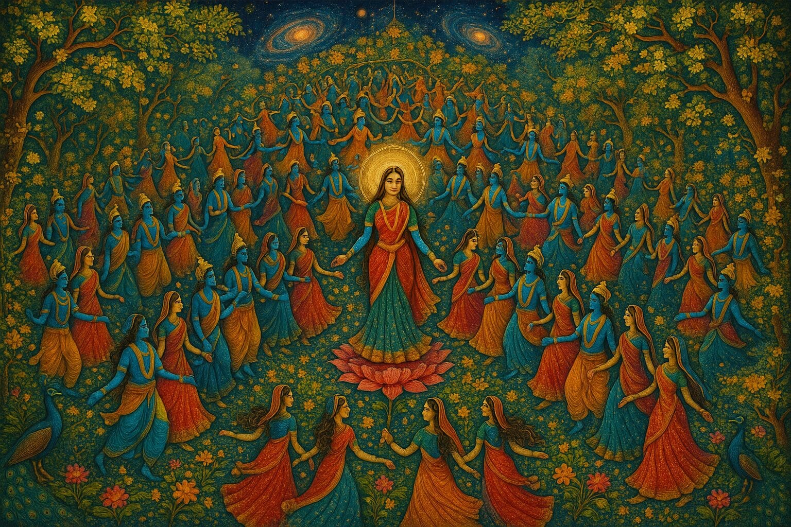 A richly detailed painting in the style of Indian miniature art depicting a large circular dance beneath a night sky with galaxies. A central female figure with a golden halo stands on a lotus, surrounded by concentric rings of blue-skinned and human figures dancing in a forest of flowering trees.